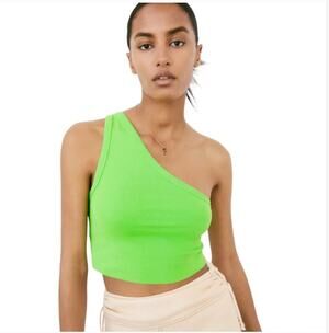 Zara One Shoulder Asymmetric Crop Top Womens Large Neon Green Vacation Resort